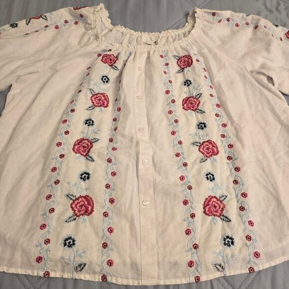 Women Plus Sz 2X Embroidered Peasant Blouse White Pink Floral Boho Linen Resort - Picture 6 of 9